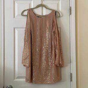 Bebe rose gold sequin mini dress with open shoulder / sleeve cutout detail